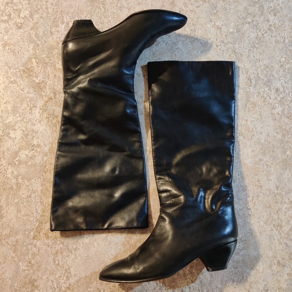 GALO Pumps Womens 38.5 US 7.5 Black Leather Heels Long Boots Hand Made In Italy - Picture 3 of 7